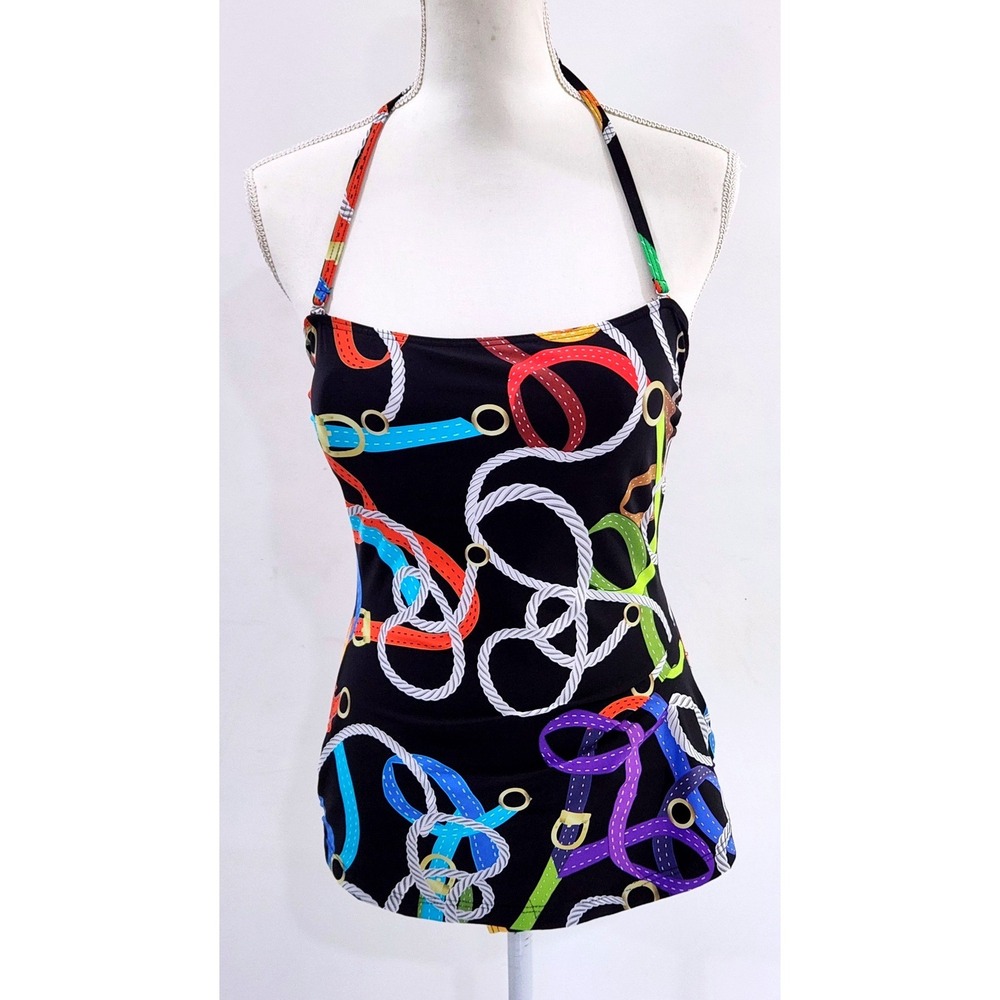 Kuny Spain Womens Nautical Belt Rope Print Halter One Piece Swimsuit Black Sz 10